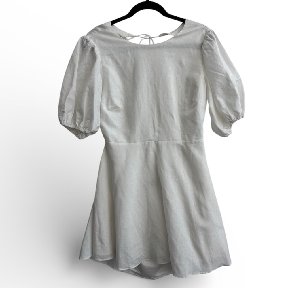 ALL ABOUT MAY White Linen Puff Sleeve Open Back Mini Dress Size 8